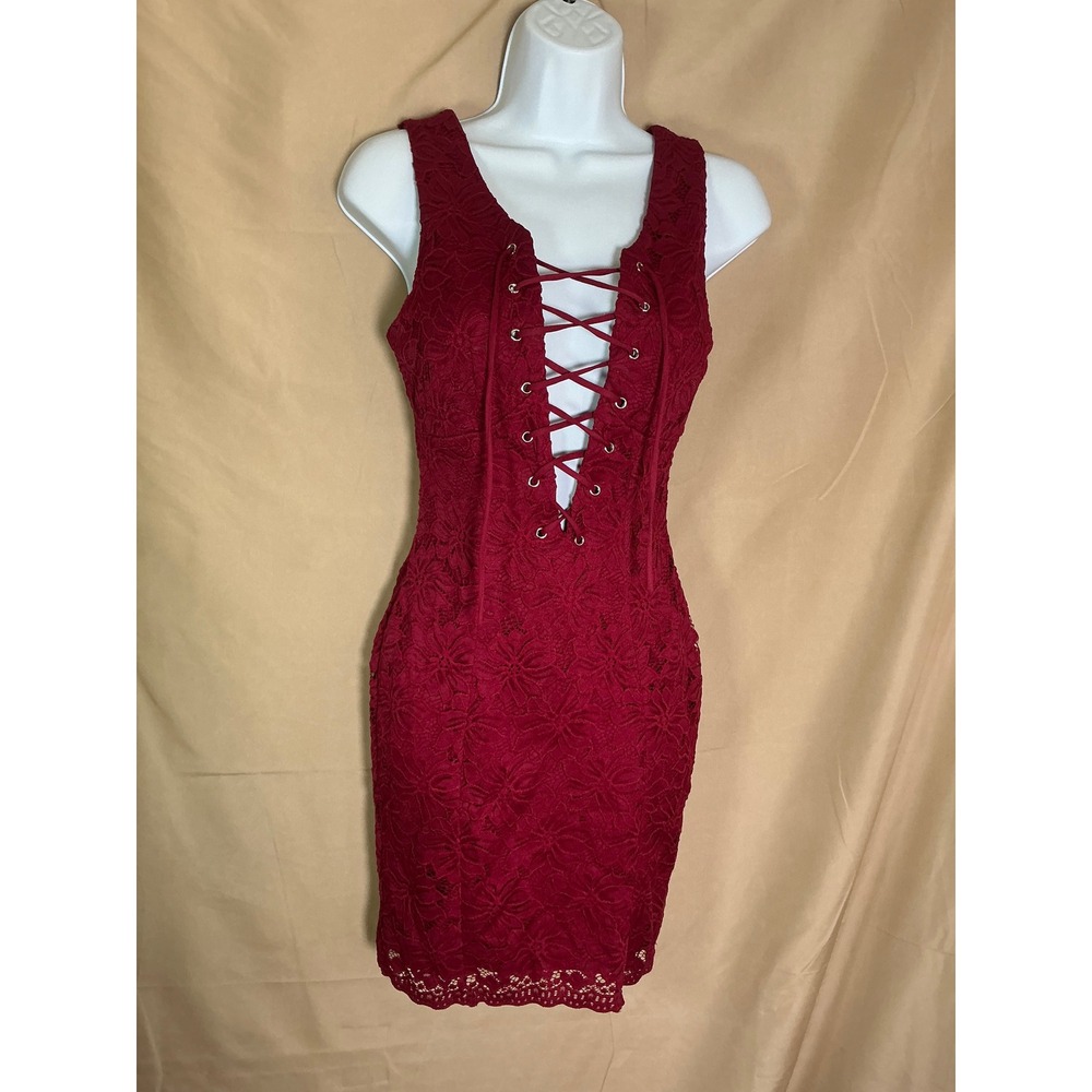 Burgundy Floral LaceBodycon Dress Womens Small Red Excellent Lace Up Mini V Neck - Picture 3 of 11